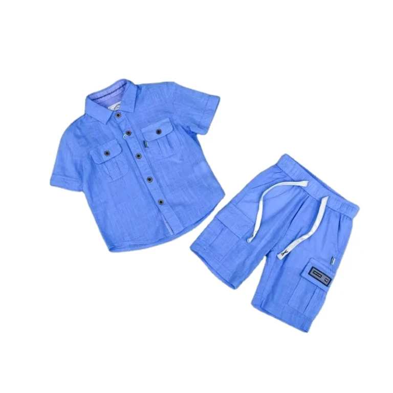 CHINEE-Summer-Cotton-Linen-Casual-Short-Sleeve-Lapel-Kids-Polo-Shirts-blue-color-Boys-Short-and-Shirt-Set
