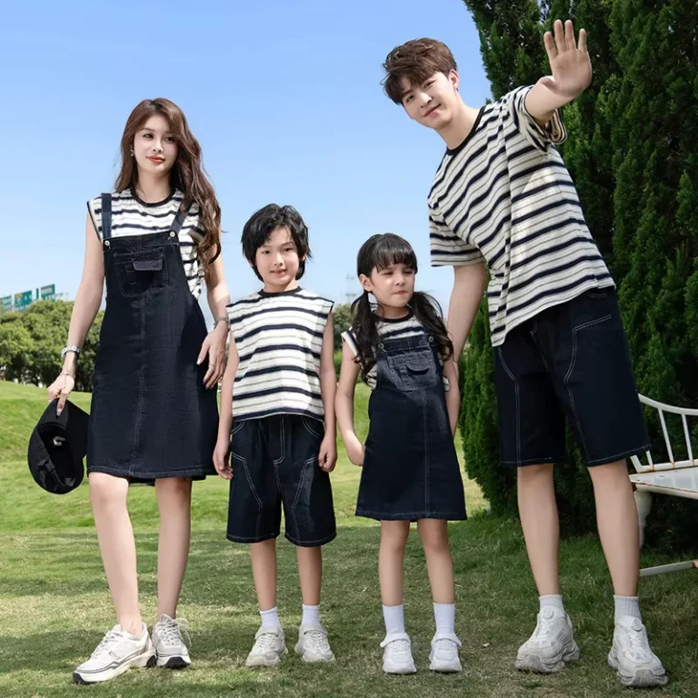 CHINEE-Summer-Family-Matching-Sets-Father-and-Mom-Casual-Striped-Polo-Shirt-Jeans-Shorts-and-Overalls-Parent-child-Coordinated-Looks