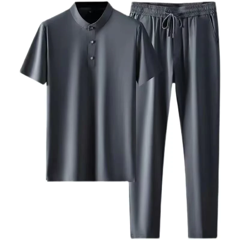 CHINEE-Summer-High-Quality-Two-Pieces-Set-Mens-Mandarin-Collar-Short-Polo-Shirt-and-Pants-Mens-Business-Casual-Outfits