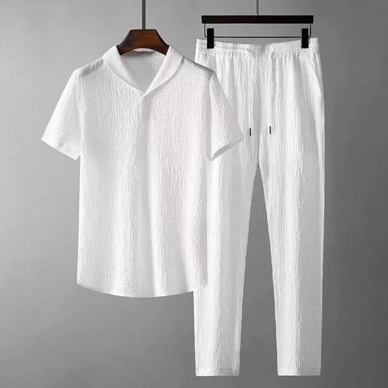 CHINEE-Summer-Men-2-Piece-Suits-Short-Sleeve-Tops-Long-Pants-Solid-Color-Polo-Lapel-Collar-Button-Elastic-Waist-Trousers-Tracksuit