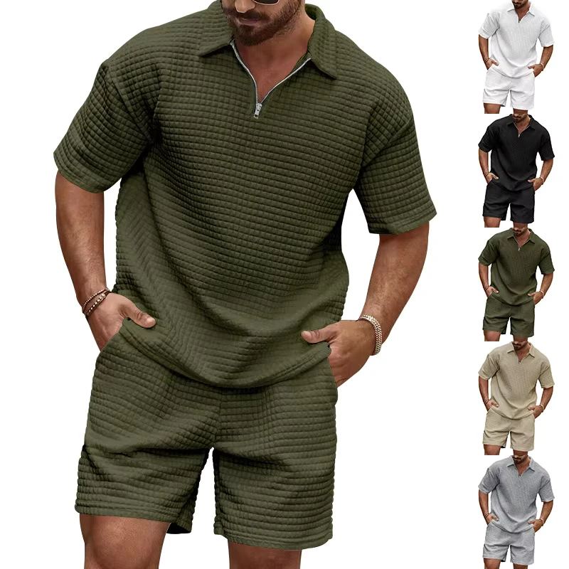 CHINEE-Summer-Mens-Casual-Trend-T-shirt-Shorts-Fashion-Comfortable-Waffle-Solid-Color-Polo-Sport-Set-2
