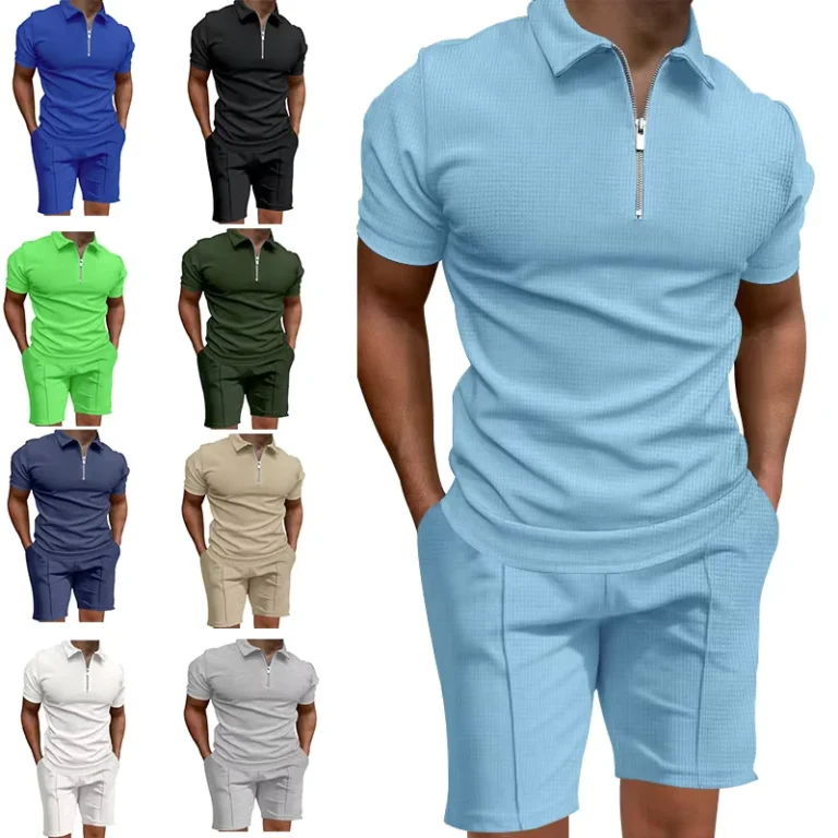CHINEE-Summer-Mens-Polo-Shirt-Set-Solid-Color-Waffle-Knit-Short-Sleeve-Slim-Fit-Casual-Style-Bamboo-Fiber-Patchwork-Design-1