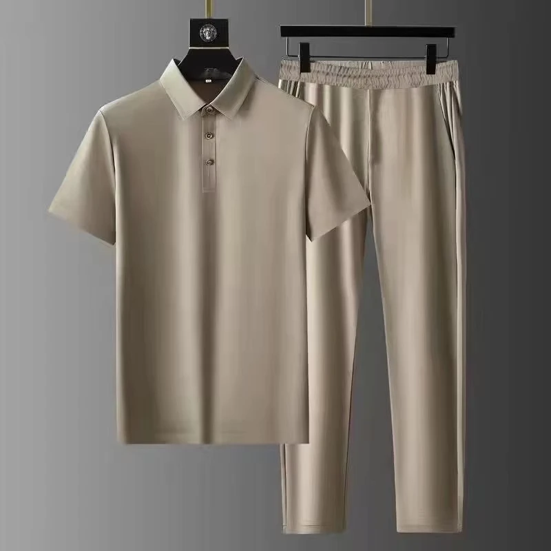 CHINEE-Summer-Mens-Vintage-Floral-Embroidered-Ice-Silk-Two-Piece-Set-Polo-Neck-Short-Sleeve-Shirt-Pants-Quick-Dry-Skin-Friendly-Solid