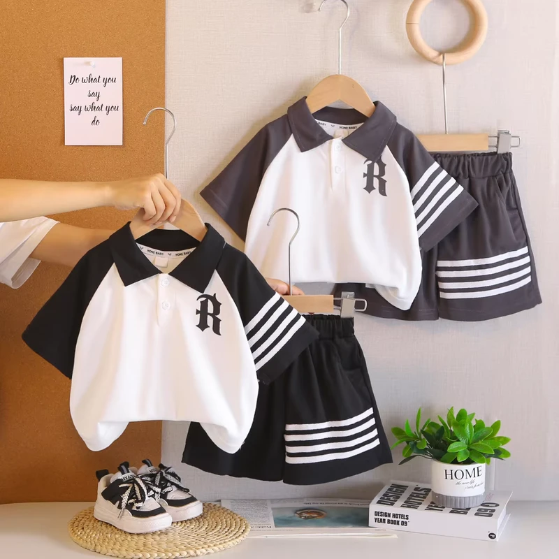 CHINEE-Summer-New-Boys-Polo-Set-with-Short-Sleeve-Stripe-Sleeve-Top-and-Shorts-Sporty-Two-Piece-Boys-Clothing-Set