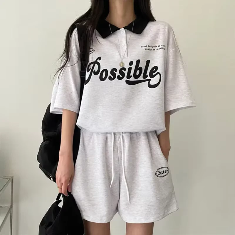 CHINEE-Summer-Women-Casual-Tracksuit-Polo-ShirtsShorts-2-Pieces-Sets-Loose-Sportswear-Fashion-Letter-Print-Ladies-Korean-Style-Outfits-1