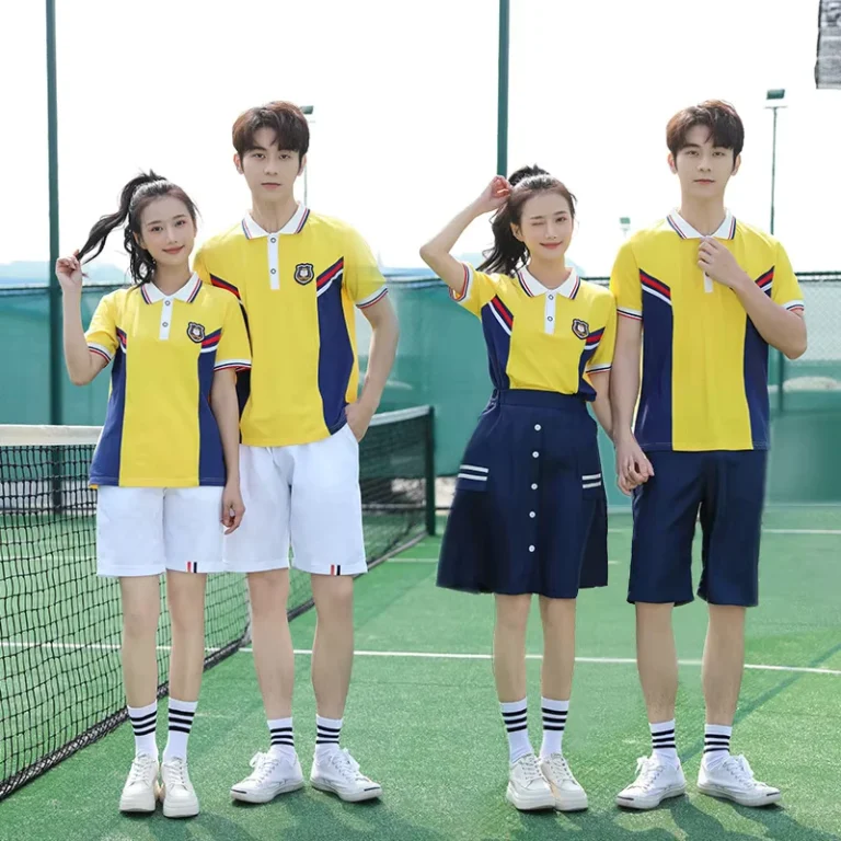 CHINEE-Teen-Summer-School-Uniform-Set-Yellow-Blue-Color-Block-Polo-Shirt-with-Skirt-Shorts-Custom-Emblem-Available