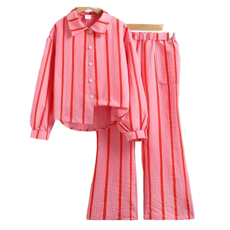 CHINEE-Teenagers-Casual-Striped-Suit-Set-Long-Sleeved-Pink-Red-Garment-2-Pcs-8-12Y-Spring-Fall-Collection-for-Summer-Autumn-Wear