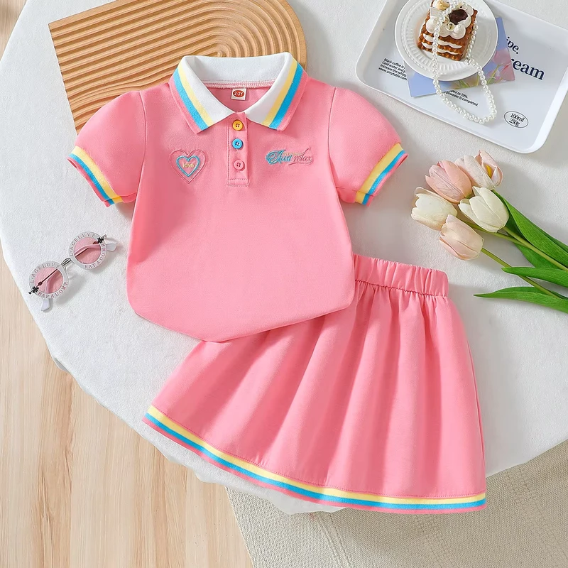 CHINEE-Toddler-Girl-Clothes-Set-Pink-Polo-Shirt-Skirt-2-Pcs-Beige-Fashion-Set