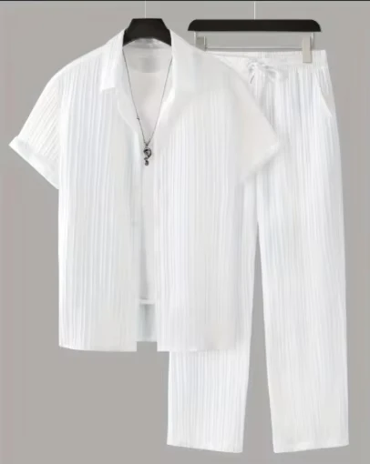 CHINEE-Trendy-Summer-Mens-New-2-Piece-Set-of-Knitted-Textured-Fabric-Casual-Short-Sleeved-Polo-Shirts-and-Drawstring-Pants-Set