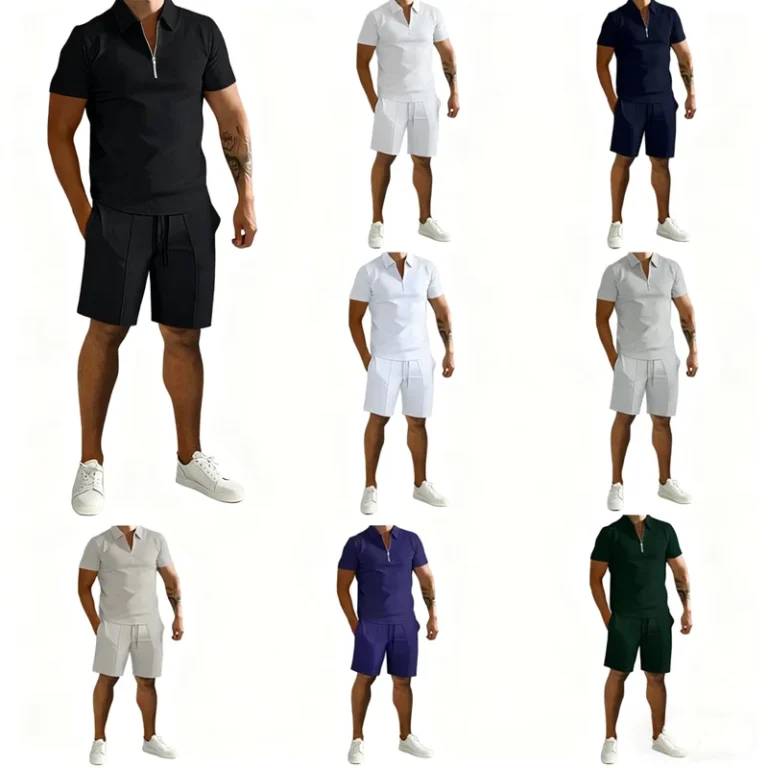 CHINEE-Waffle-Set-Mens-Casual-Two-Piece-Summer-Set-Solid-Color-Collar-Short-Sleeved-Zipper-Shorts-and-t-Shirts-Sets-1