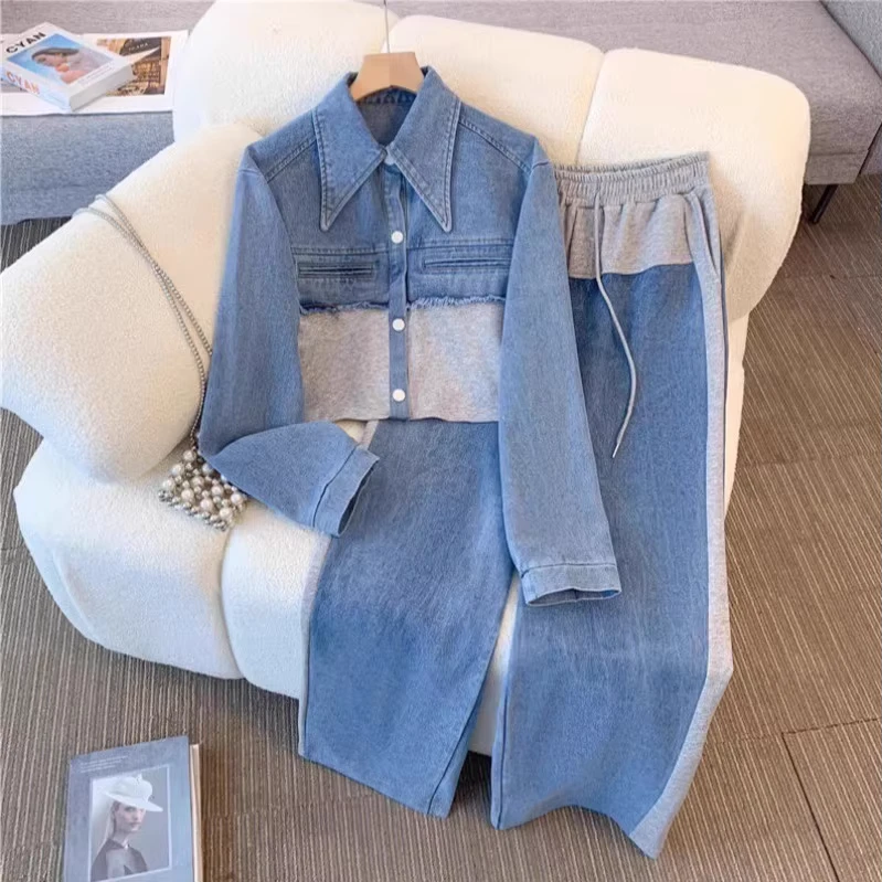CHINEE-Wholesales-Spring-Autumn-New-Long-sleeved-Top-Wide-leg-Long-Pants-Two-piece-Outfit-Denim-Patchwork-Fashion-Casual-Suit-for-Women