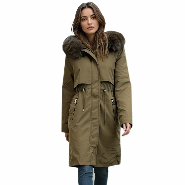 CHINEE-Windproof-Wear-Resistant-Drawstring-Waist-Windproof-And-Warm-Jacket-Womens-Long-Faux-Fur-Collar-Parka