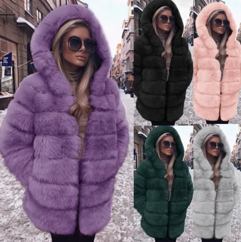 CHINEE-Winter-Faux-Fur-Hooded-Womens-Jacket-Plain-Dyed-Zipper-Warm-Casual-Coat-Polyester-Full-Sleeve