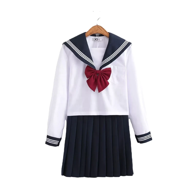 CHINEE-Women-Adult-Preppy-Style-Middle-School-Uniform-Top-and-Skirt-Set-Summer-and-Autumn-Polyester-Cotton