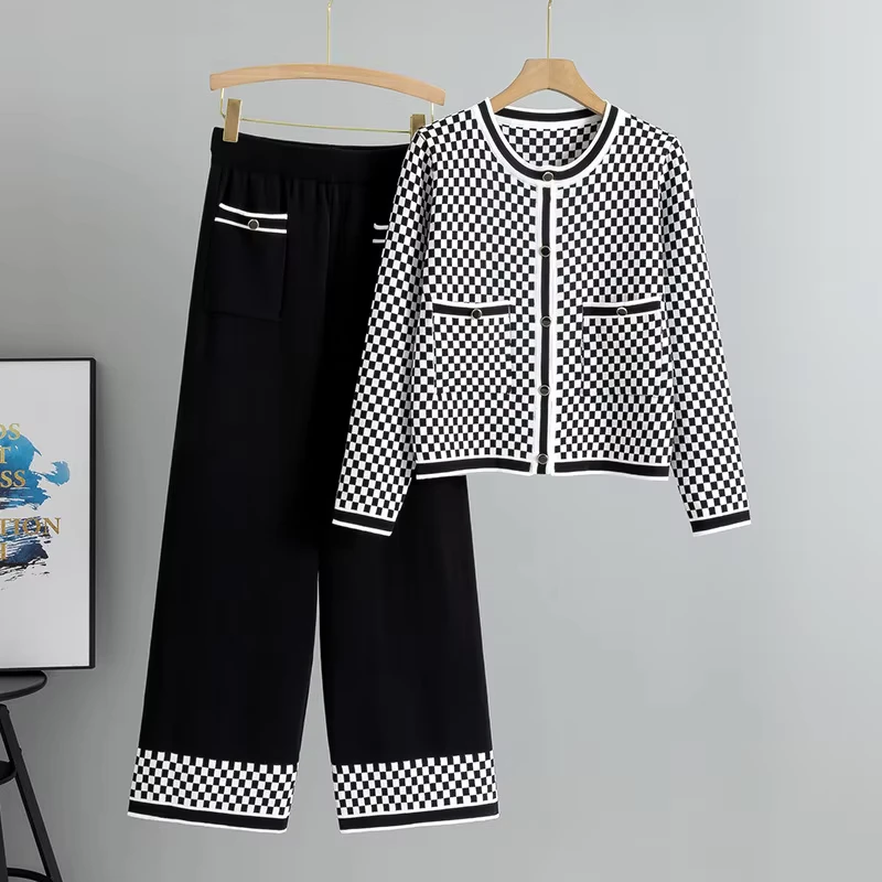 CHINEE-Women-Plaid-Sweater-Suit-Casual-Knitted-Two-Piece-Set-Wide-Leg-Pants-Polyester-Cotton-Anti-Pilling-Spring-1