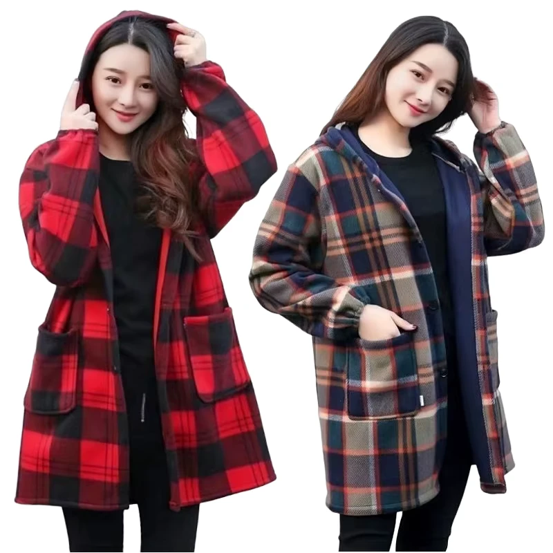CHINEE-Women-Thick-Fleece-Warm-Long-Windproof-Eco-Friendly-Coat-Single-Breasted-Pocketed-Hooded-Overcoat-Autumn-Winter-Loose-Plaid