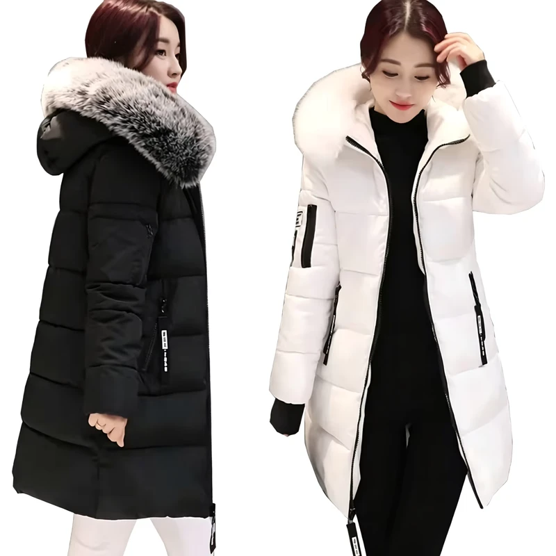 CHINEE-Women-Winter-Mid-Long-Parka-Big-Faux-Fur-Collar-Hooded-Padded-Warm-Jacket-Casual-Outerwear