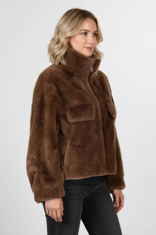 CHINEE-Womens-Brown-Fox-Faux-Fur-Cropped-Jacket-with-Lapel-Collar-Short-Winter-Outerwest-Fashion-Dyed-and-Woven-Zipper-Closure