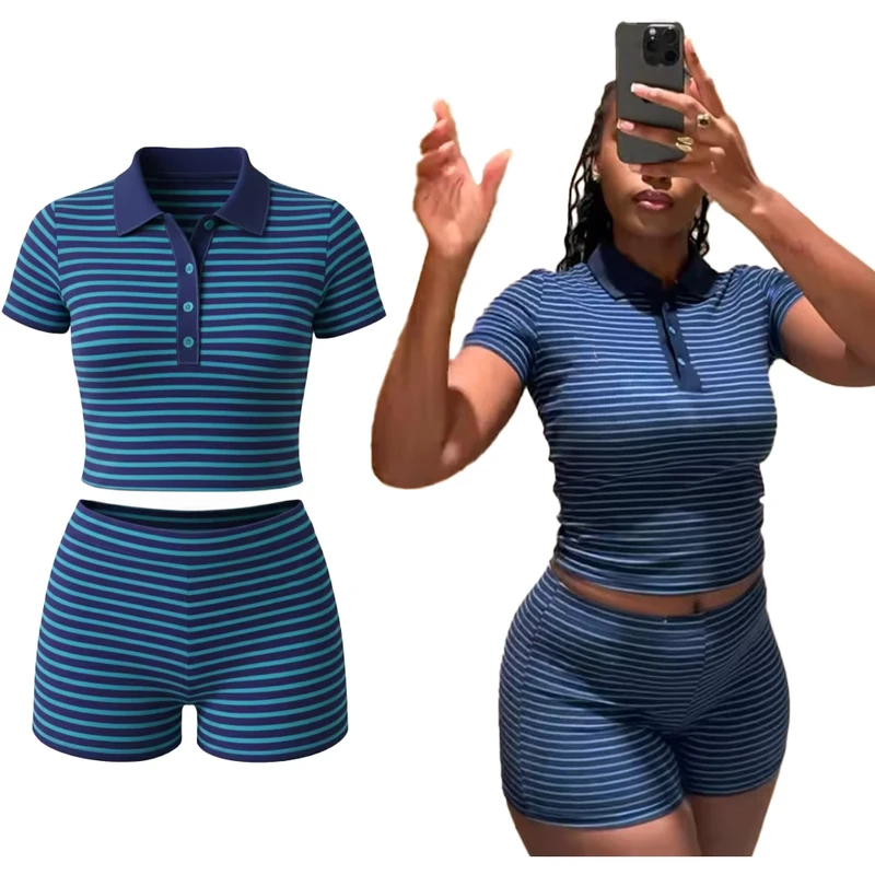 CHINEE-Womens-Casual-Dot-Summer-2-Piece-Polo-Shirt-Mini-Shorts-Set-Eco-Friendly-Breathable-Cotton-Blend-Skinny-Fit-1