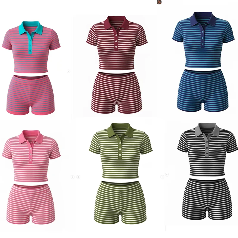 CHINEE-Womens-Casual-Dot-Summer-2-Piece-Polo-Shirt-and-Mini-Shorts-Set-Polyester-Cotton-Skinny-Fit-Breathable-Eco-Friendly