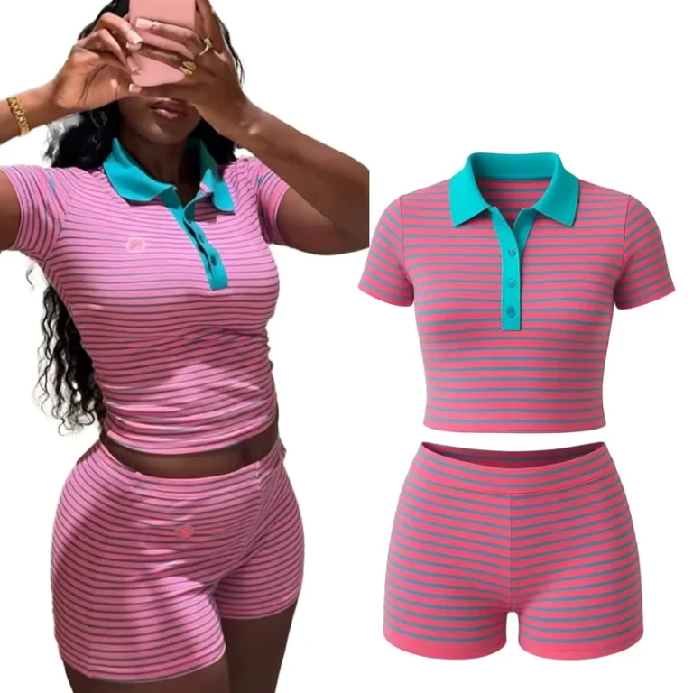 CHINEE-Womens-Casual-Dot-Summer-2-Piece-Polo-Shirt-and-Mini-Shorts-Set-Slim-Fit-Polyester-Cotton-1