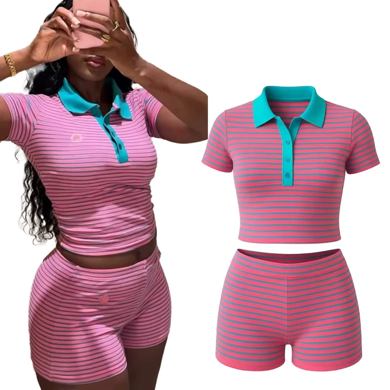 CHINEE-Womens-Casual-Dot-Summer-2-Piece-Polo-Shirt-and-Mini-Shorts-Set-Slim-Fit-Polyester-Cotton-1