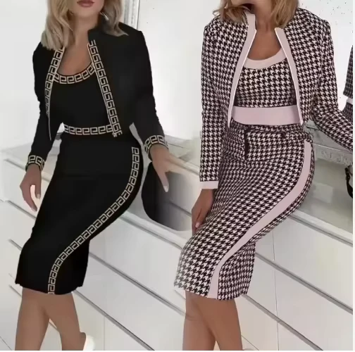 CHINEE-Womens-Casual-Three-Piece-Suit-Spring-Autumn-Fresh-Sweet-Slim-Print-Long-Sleeve-Coat-Vest-Skirt-Geometric-Pattern-Set