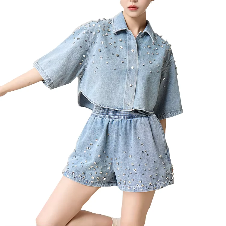 CHINEE-Womens-Diamond-Polo-Collar-Short-Sleeved-Shirt-Shorts-Denim-Set-1