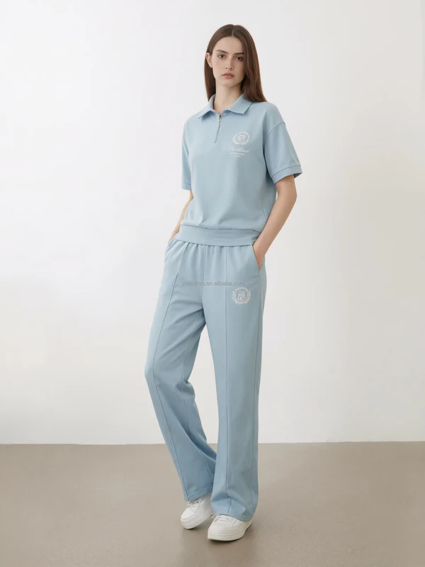 CHINEE-Womens-Half-Zip-Polo-Shirt-Workwear-Summer-Short-Sleeve-T-Shirt-Polo-Collar-Top-Casual-Straight-Leg-Pants-Long-Pants-Sports-Set