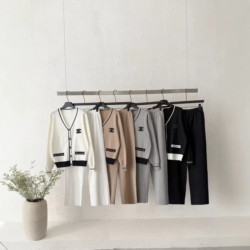 CHINEE-Womens-Spring-Casual-V-neck-Long-Sleeve-Cardigan-Wide-Leg-Loose-Fit-Pants-Two-Piece-Set-Polyester-Color-Blocking-Embroidered