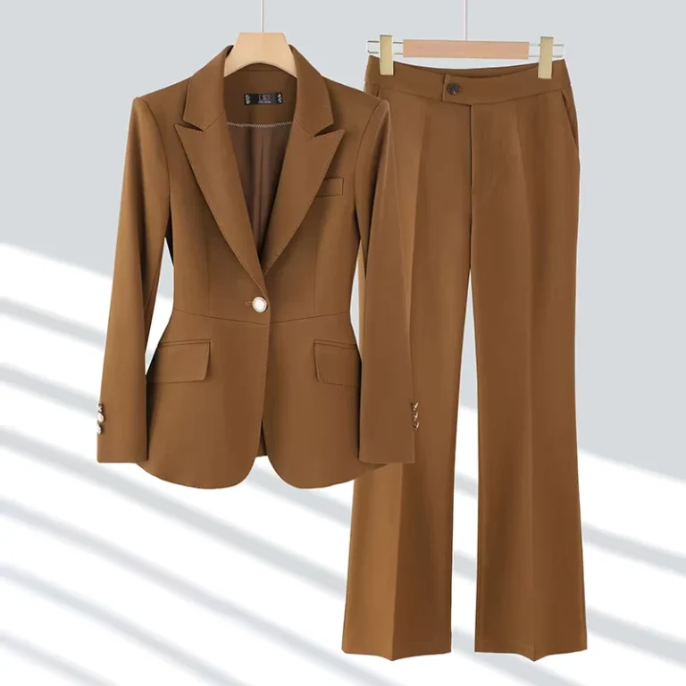CHINEE-Womens-Spring-and-Autumn-High-Grade-Professional-Suit-Dark-Brown-With-Wide-Leg-Pants-Two-Piece-Set