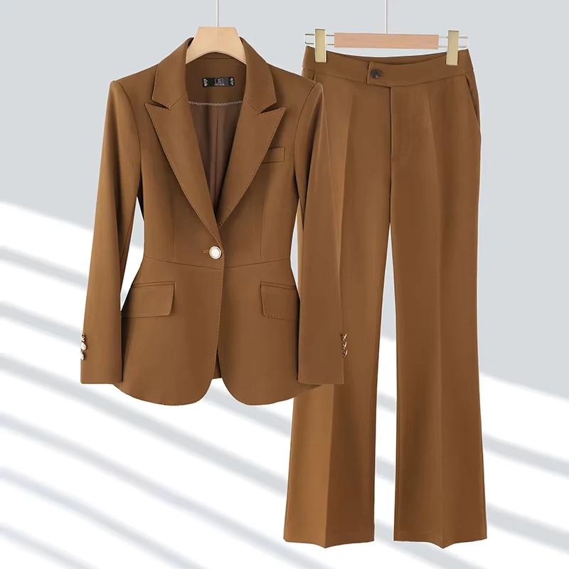 CHINEE-Womens-Spring-and-Autumn-High-Grade-Professional-Suit-Dark-Brown-With-Wide-Leg-Pants-Two-Piece-Set