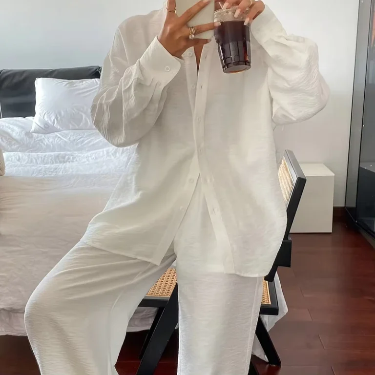 CHINEE-Womens-Two-Piece-Set-Solid-Color-Casual-Top-Loose-Fit-Wide-Leg-Pants-Spring-Autumn-Durable-Sewing-Easy-Shirt-Suit