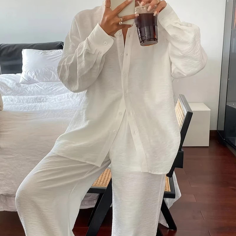 CHINEE-Womens-Two-Piece-Set-Solid-Color-Casual-Top-Loose-Fit-Wide-Leg-Pants-Spring-Autumn-Durable-Sewing-Easy-Shirt-Suit