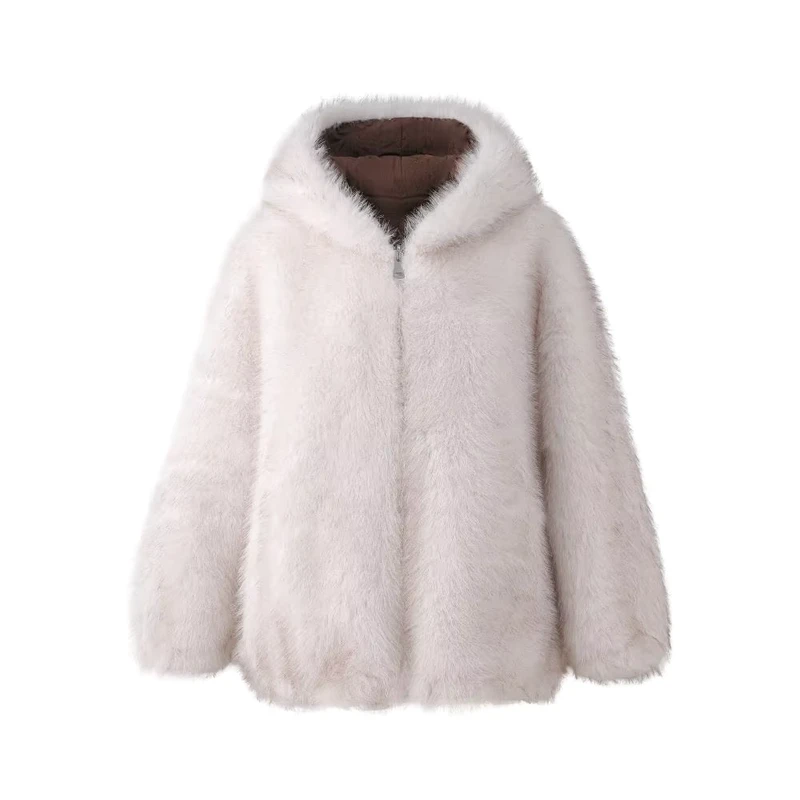 CHINEE-Womens-Winter-Short-Woven-Faux-Fur-Parka-Slim-Vintage-Bamboo-Fiber-Breathable-Thick-Jacket-Hood-Single-Breasted-Closure-Raw
