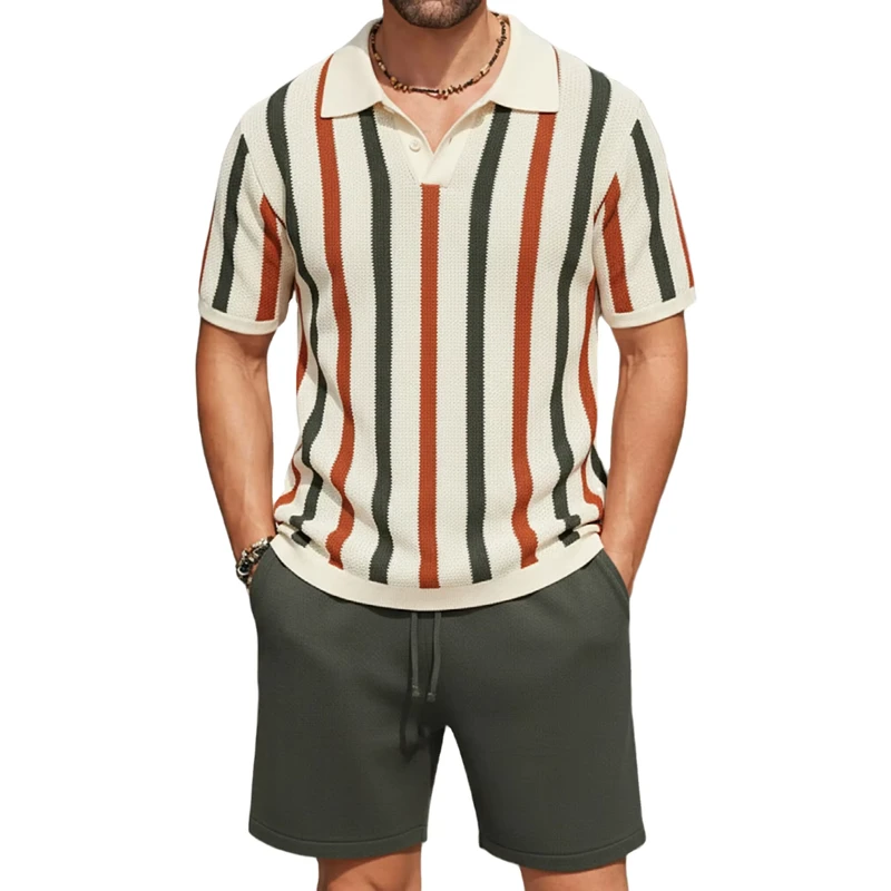 CHINEE-lb-Trade-Cross-Border-Summer-Striped-Knitted-100-Bamboo-Fiber-Street-Style-Short-Sleeve-Polo-Shirt-Shorts-Set-SY0030