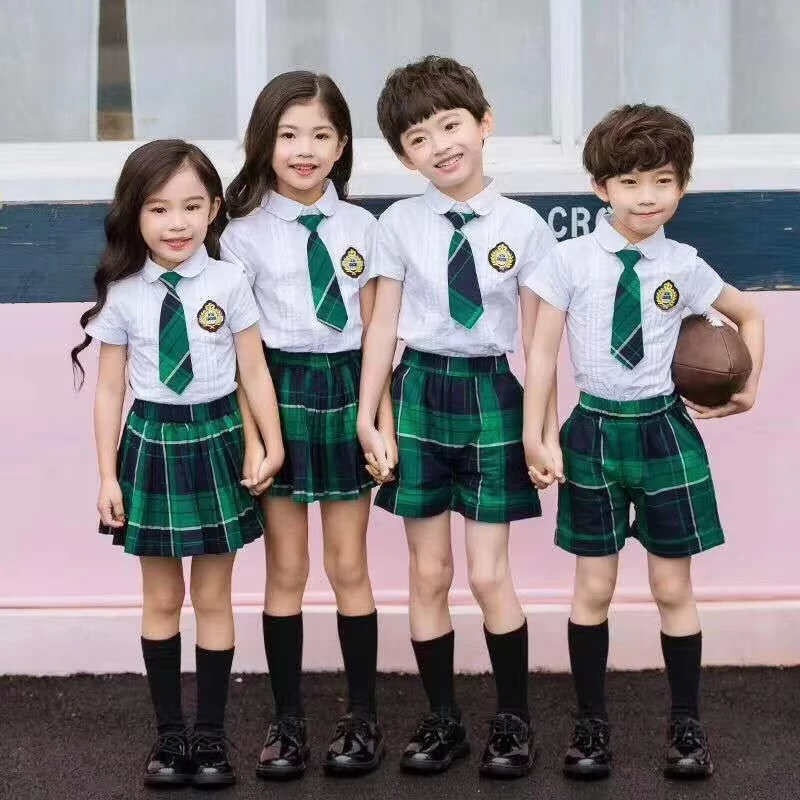 100-Sets-Custom-logo-Kindergarten-School-Uniforms-Little-Girls-Green-Plaid-Skirt-School-Uniform-Primary