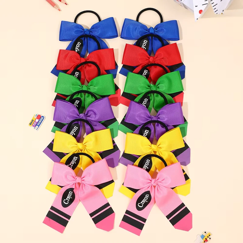 2Pcs-Handmade-Multi-Colors-Print-Crayon-Pencil-Elastic-Hair-Ties-Kids-Back-to-School-Uniform-Ponytails-Scrunchies-Accessories