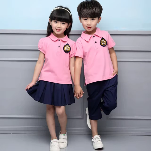 2pcs-Set-Cotton-Polo-Dress-T-Shirts-Shorts-Pants-Primary-Kindergarten-School-Uniforms-Navy-New-Design-Boys-and-Girls-Kids-Blank