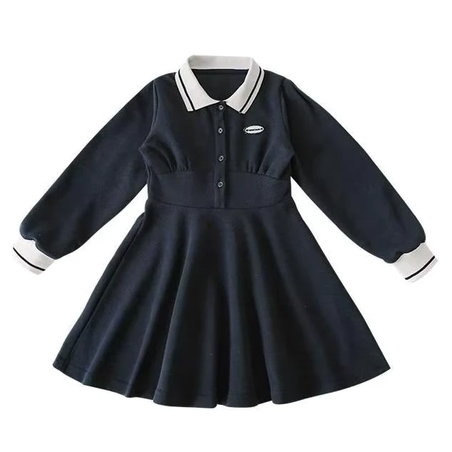 4-14T-Little-Girls-Polo-Neck-School-Uniform-Dresses-10-14-Yrs-Cotton-A-line-Kids-Long-Sleeve-Dress-for-Girls