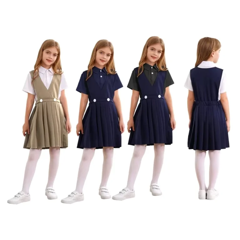 6-16-Years-Kids-Girls-Children-School-Uniform-Short-Sleeve-Pullover-Shirt-Pleated-Dress-School-Dress-Dance-Costume