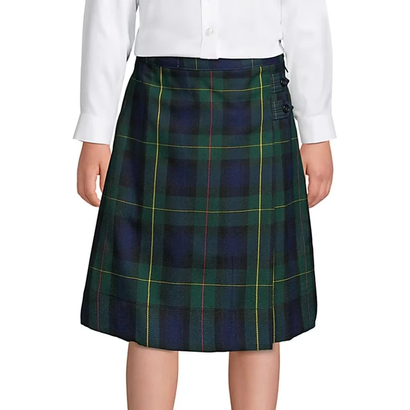 Adjustable-Waist-Front-Single-Pleat-Double-Buttons-Side-Hidden-Zipper-65-Polyester-35-Rayon-Girls-Plaid-Skirt-School-Uniform