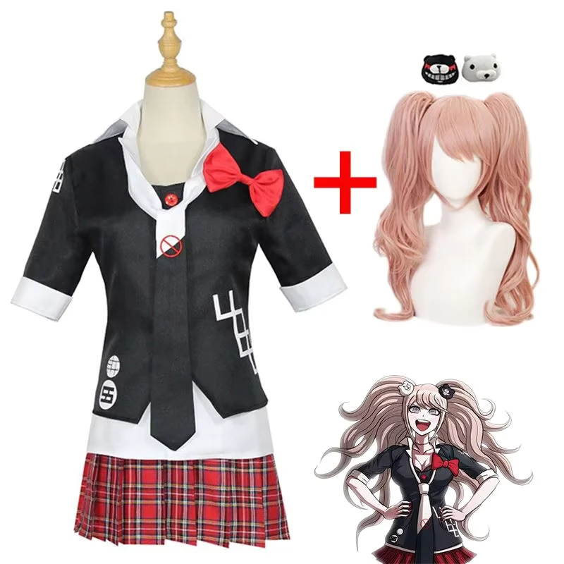 Anime-Danganronpa-Cosplay-Costume-Girls-Enoshima-Junko-Uniform-Set-with-Top-Cafe-Work-Clothes-Short-Skirt-Double-Tail-Braid-Wig