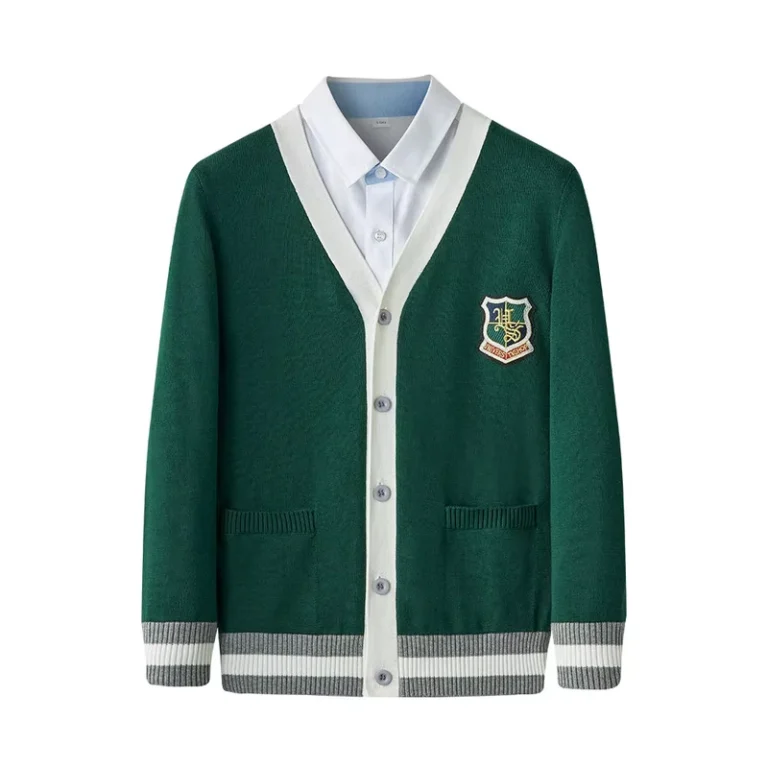 Anti-Wrinkle-School-Cardigan-Custom-Coloured-Embroidered-Knit-Varsity-Sorority-Fraternity-Sweater-Front-Logo-Position