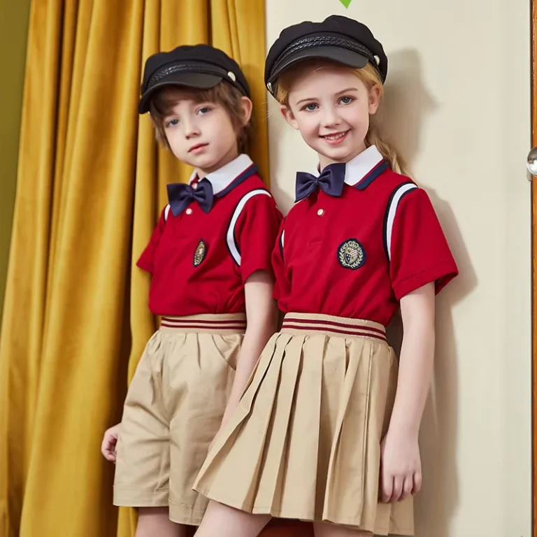 Beautiful-School-Uniforms-Summer-Childrens-School-Wear-Including-Red-Tops-Khaki-Shorts-and-Bowtie-Style-School-Uniforms