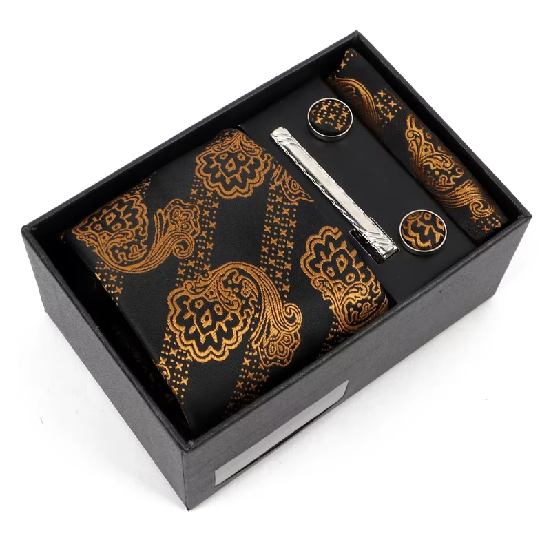 Black-Necktie-Men-Ties-With-Tie-Pin-Gift-Set-Necktie-Cufflinks-Tie-Clip-Hanky-Men-Suit-4-Sets