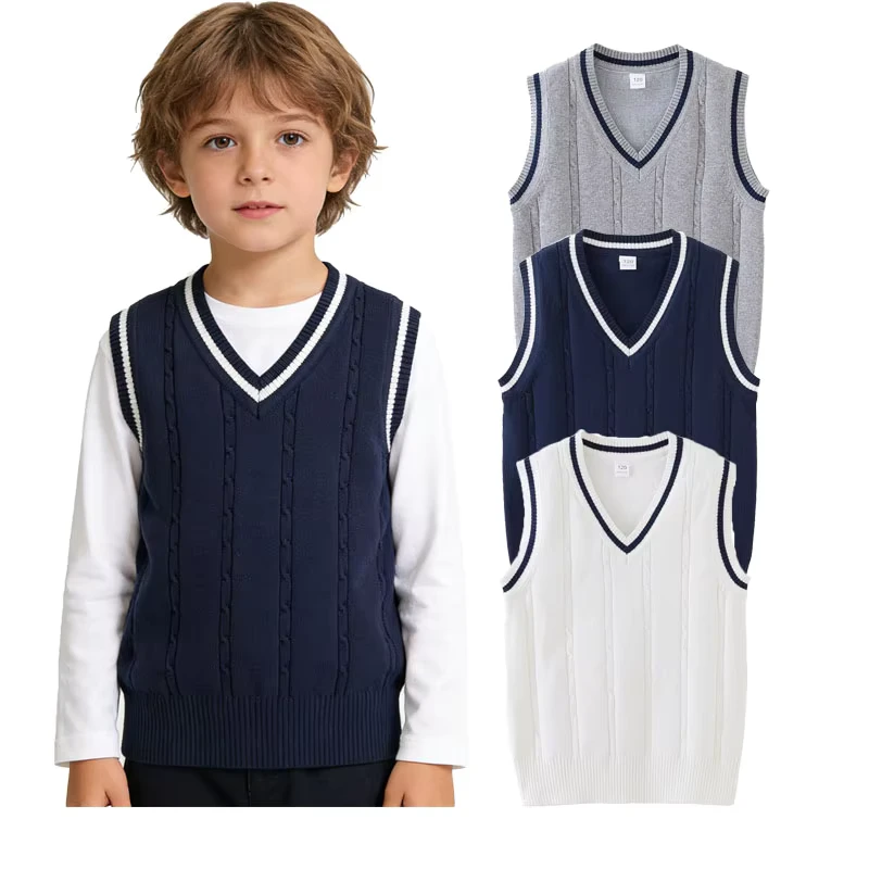 Boys-School-Uniform-Sweater-Vest-Kids-V-Neck-Sleeveless-Colorblock-Knit-Sweaters-Tops