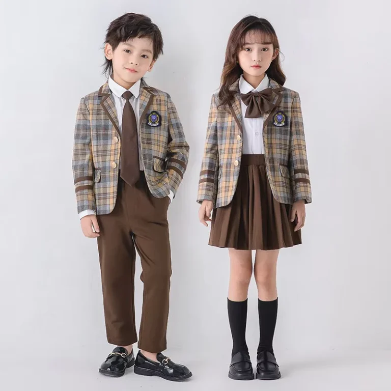 British-Style-Plaid-School-Uniform-Set-Kids-Blazer-Suit-with-Tie-Bow-for-Boys-Girls
