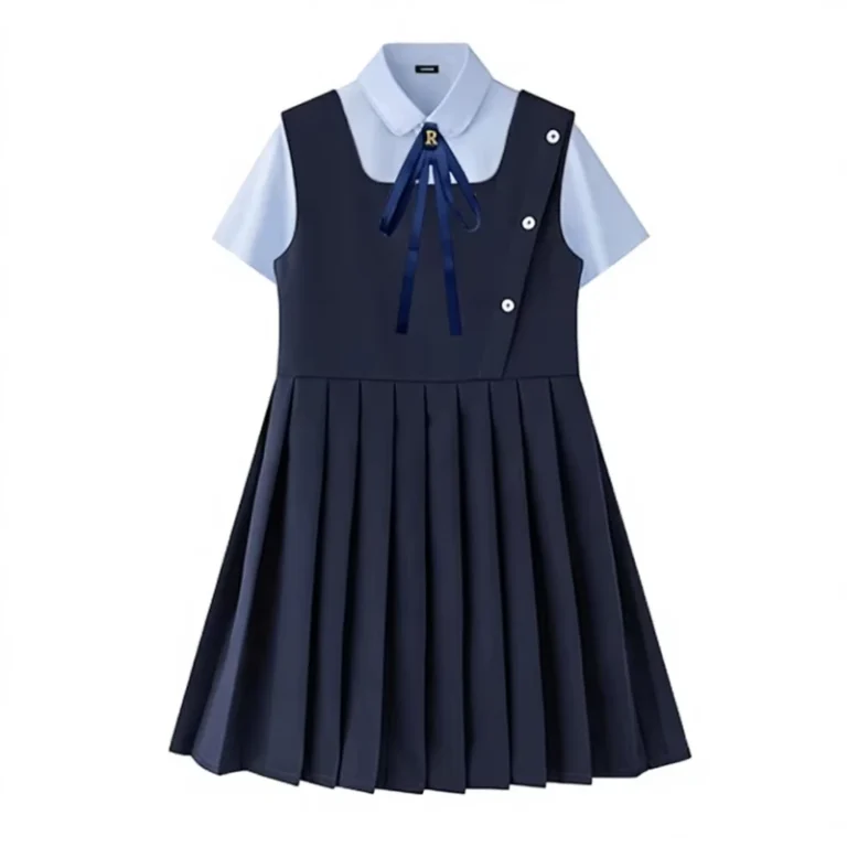 British-Style-School-Uniform-Dress-for-Girls-Short-Sleeve-Peter-Pan-Collar-Shirt-Dress-with-Necktie-Kids-Preppy-School-Uniform