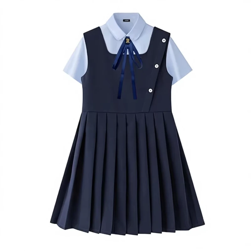 British-Style-School-Uniform-Dress-for-Girls-Short-Sleeve-Peter-Pan-Collar-Shirt-Dress-with-Necktie-Kids-Preppy-School-Uniform